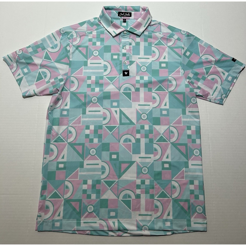 Bad Birdie Polo Shirt Mens Small White Geometrics Pastel All Over Print Colorful